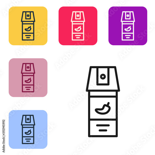 Black line Pepper spray icon isolated on white background. OC gas. Capsicum self defense aerosol. Set icons in color square buttons. Vector.