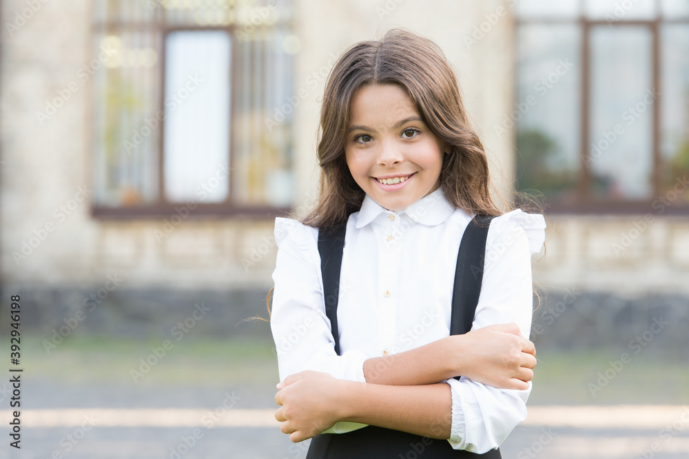 Time to learn. Happy kid wear uniform outdoors. Back to school style. Schoolwear. School education. Knowledge day. September 1. New experience Time to learn. Happy kid wear uniform outdoors. Back to school style. Schoolwear. School education. Knowledge day. September 1. New experience