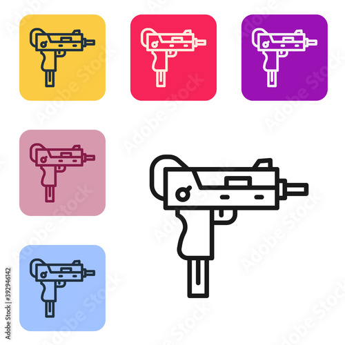 Black line UZI submachine gun icon isolated on white background. Automatic weapon. Set icons in color square buttons. Vector.