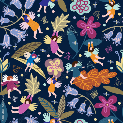 Seamless colorful decorative vector pattern of magic micro world of flowers and fairies