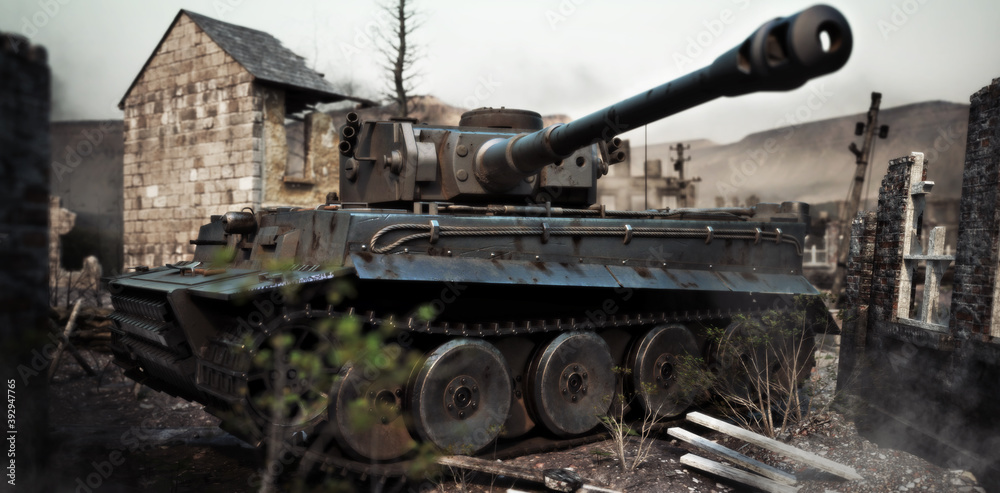 Vintage German World War 2 armored heavy combat tank poised on the battlefield . WWII 3d rendering