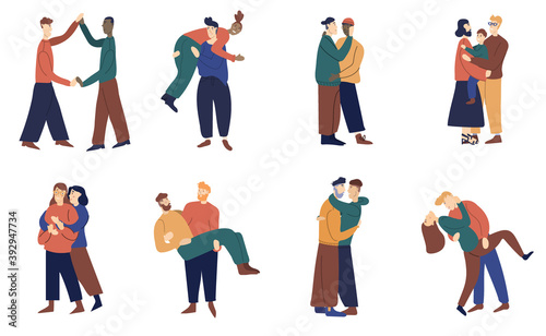 Set of diverse homosexual multiracial gay, lesbian and transgender couples. International homosexual family. Same gender parents, different ages. Flat vector cartoon illustration isolated on white.
