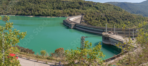 Moirans En Montagne - 09 04 2020: View of the Vouglans dam from the road