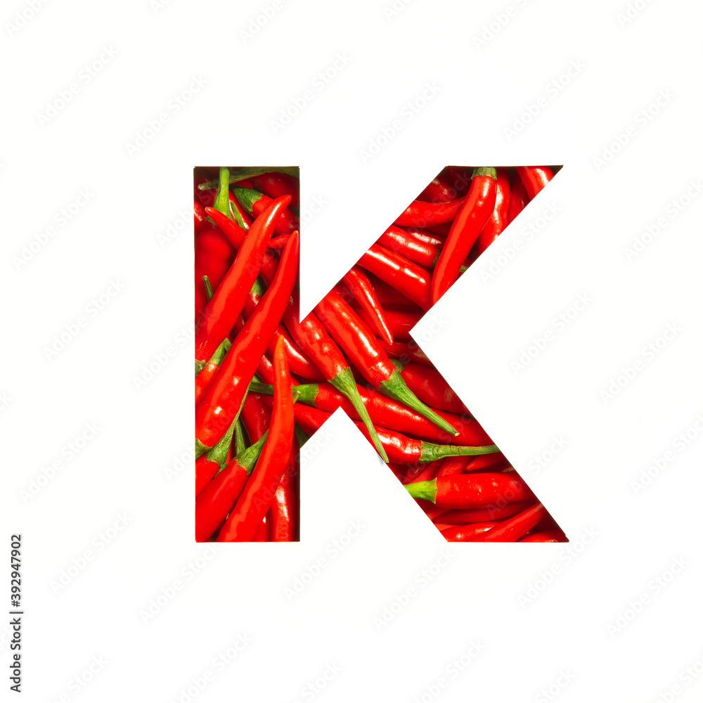 Letter K of English alphabet of hot red chili pepper and cut paper ...