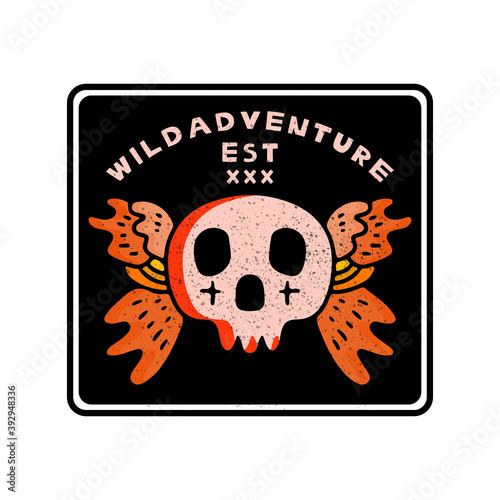 Skull head in hype style with wild adventure typography. illustration for t shirt, poster, logo, sticker, or apparel merchandise.