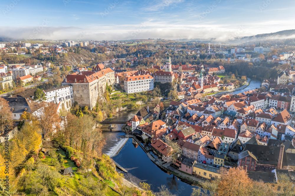 Panoramic aerial view over towncenter of Cesky Krumlov during autumn season in Czech Republic