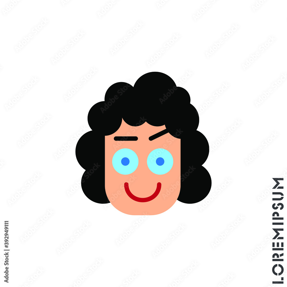 Fototapeta premium Big Smile contented smile with raised eyebrow Emoticon girl, woman Icon Vector Illustration. Style. Laughing, emotion icon. Fun, face vector. Humor, smile, positive symbol. color on white background