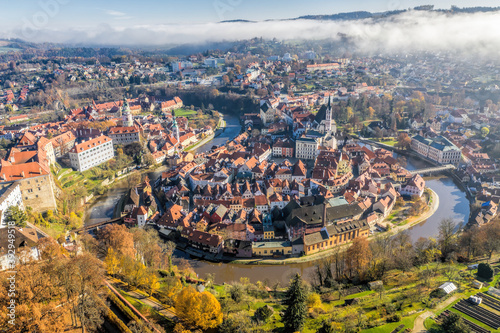 Panoramic aerial view over towncenter of Cesky Krumlov during autumn season in Czech Republic