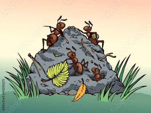 Ants in the anthill. Vector drawing