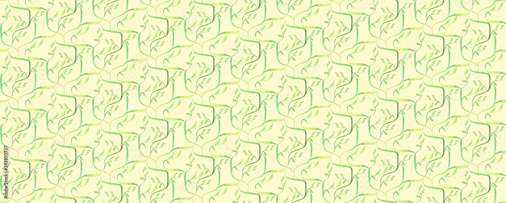 green leaves on ornate twigs - seamless plant pattern with a watercolor hand drawn elements on a light background
