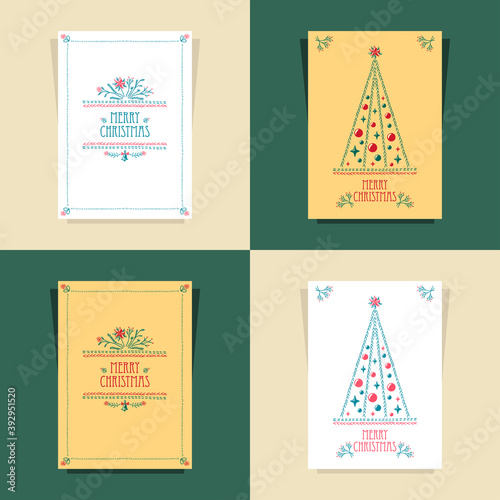 Set Christmas made by drawing hand stitch in blue green red on white and beige for invitation or congratulation Merry Christmas or for  celebration winter holidays 