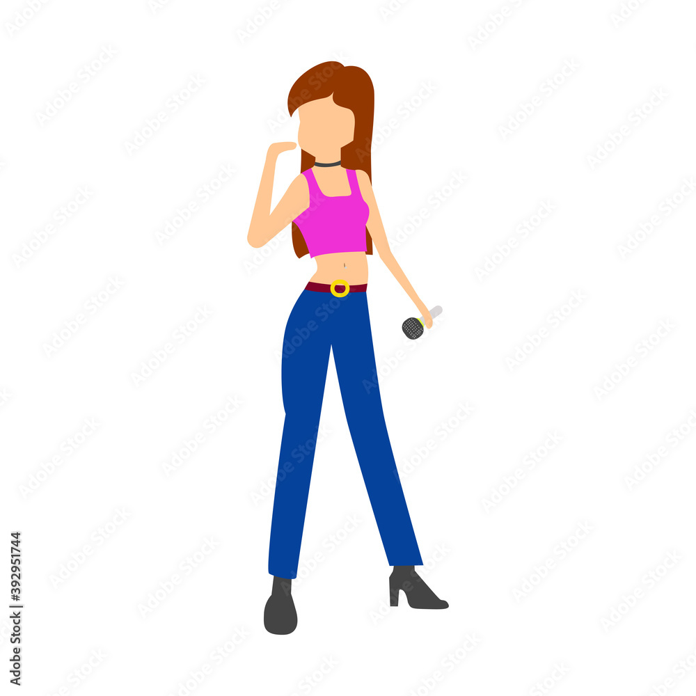 Cartoon flat singer female isolated on white. Can be used for notebook, card, poster, banner, wrapper and background. Vector illustration. Сute standing superstar