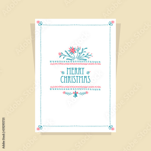 Christmas Card with Christmas  Flower made by drawing hand stitch in blue red on white for invitation or congratulation Merry Christmas or for  celebration winter holidays 