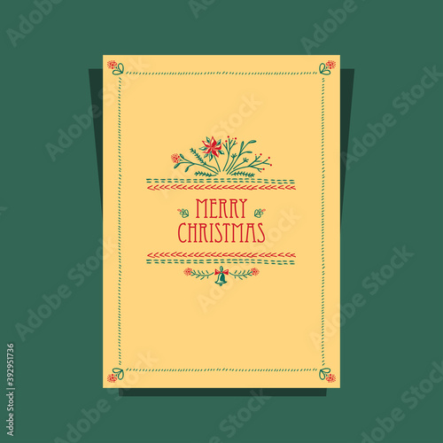 Christmas Card with Christmas  Flower made by drawing hand stitch in green red on beige for invitation or congratulation Merry Christmas or for  celebration winter holidays 