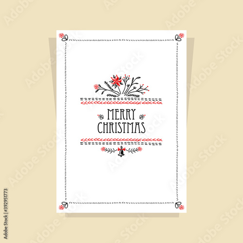 Christmas Card with Christmas  Flower made by drawing hand stitch in black red on white for invitation or congratulation Merry Christmas or for  celebration winter holidays 