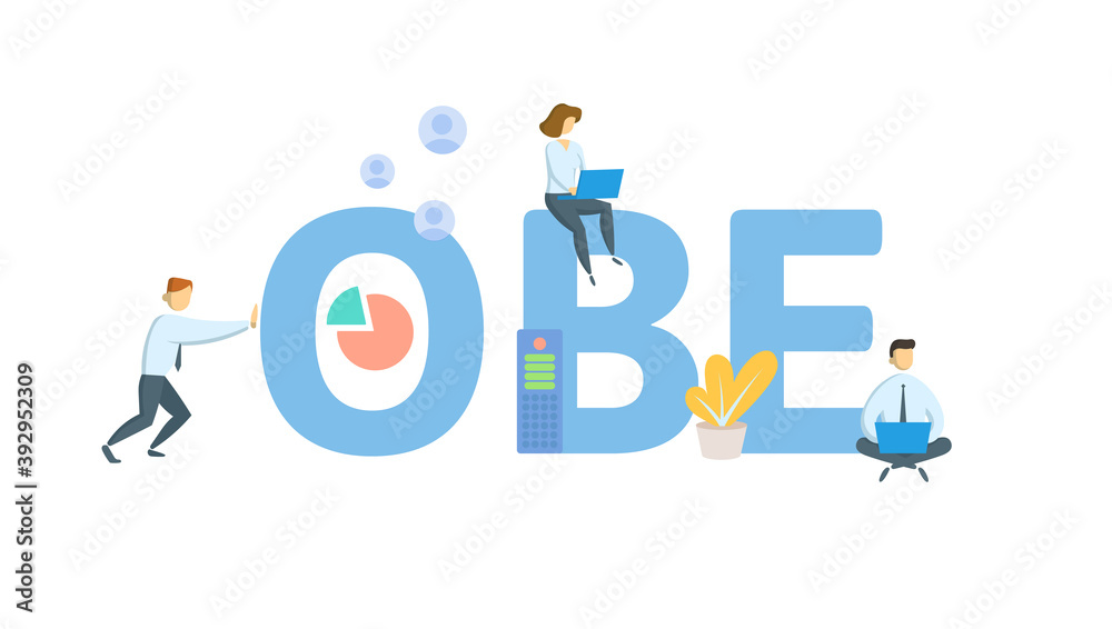 OBE, Overcome By Events. Concept with keywords, people and icons. Flat vector illustration. Isolated on white background.