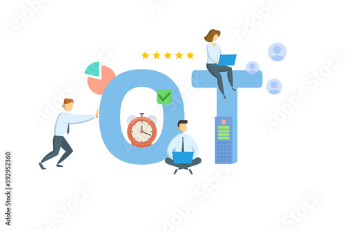 OT, Overtime. Concept with keywords, people and icons. Flat vector illustration. Isolated on white background.