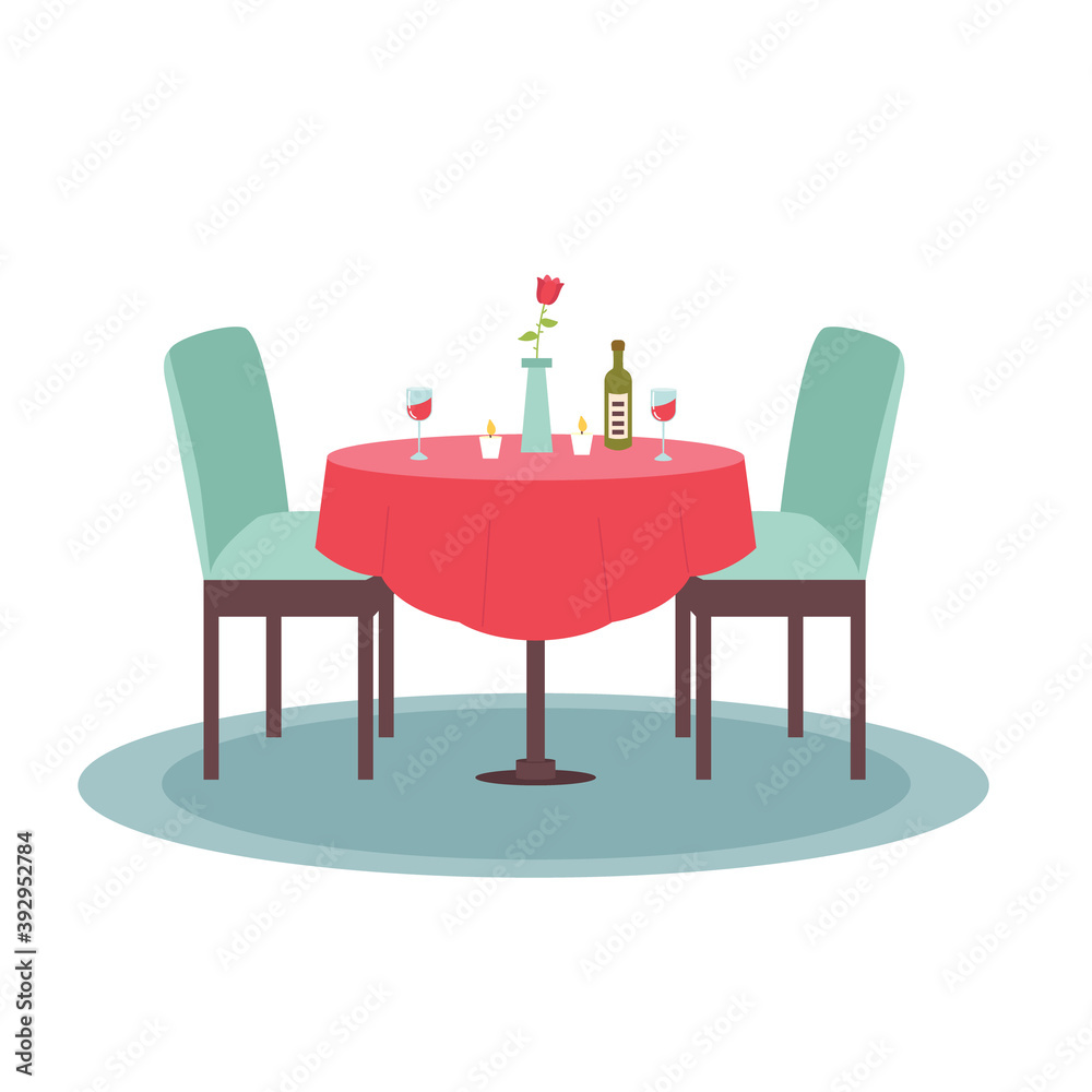 Home furnishings Table with chairs. Romantic dinner at home. Vector flat illustration Home furnishings Table with chairs. Romantic dinner at home. Vector flat illustration