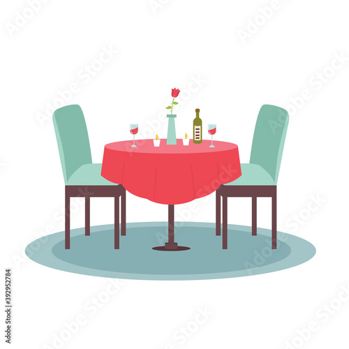 Home furnishings Table with chairs. Romantic dinner at home. Vector flat illustration