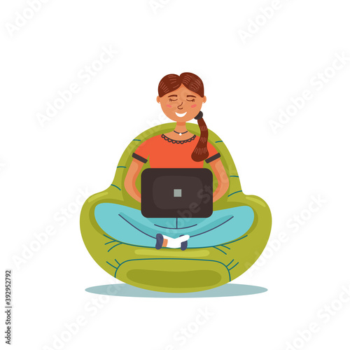A girl sitting in a chair at a laptop. The freelancer girl works online from home. Vector flat illustration