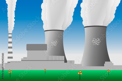 vector illustration of a nuclear power plant, with smoking cooling towers and radiation hazard signs