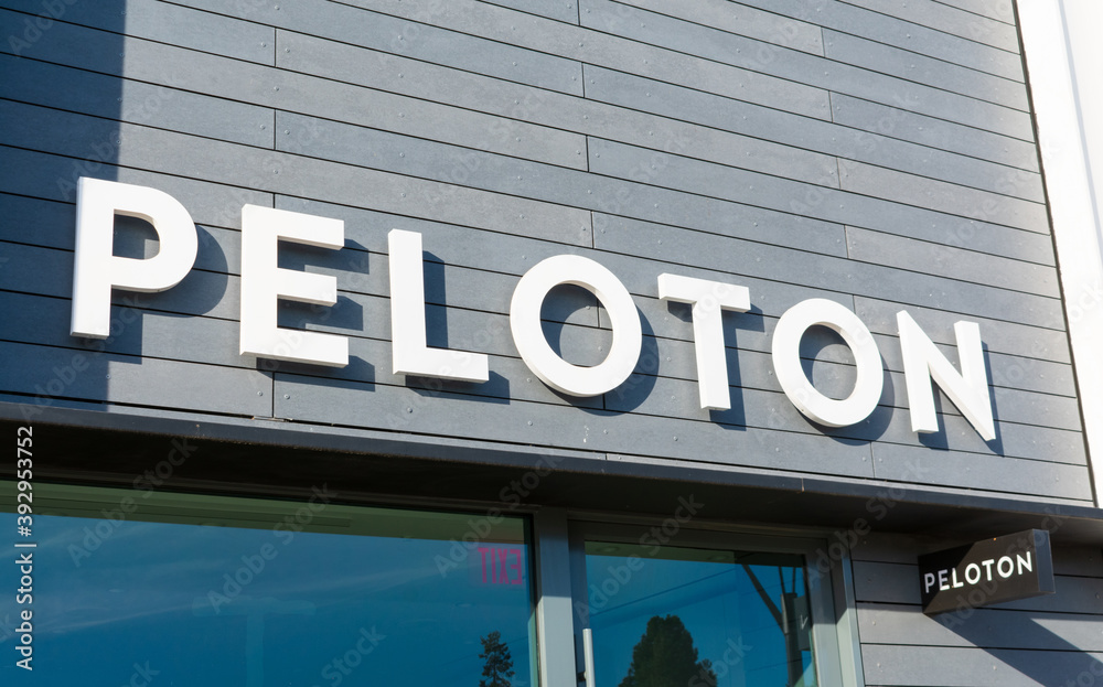 Peloton store exterior in upscale outdoor shopping center. Peloton