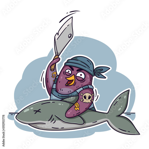 Crazy pirate penguin cuts a shark with a cleaver. Cook on the ship cooking fish. Funny bird vector illustration isolated on white background in doodle style.