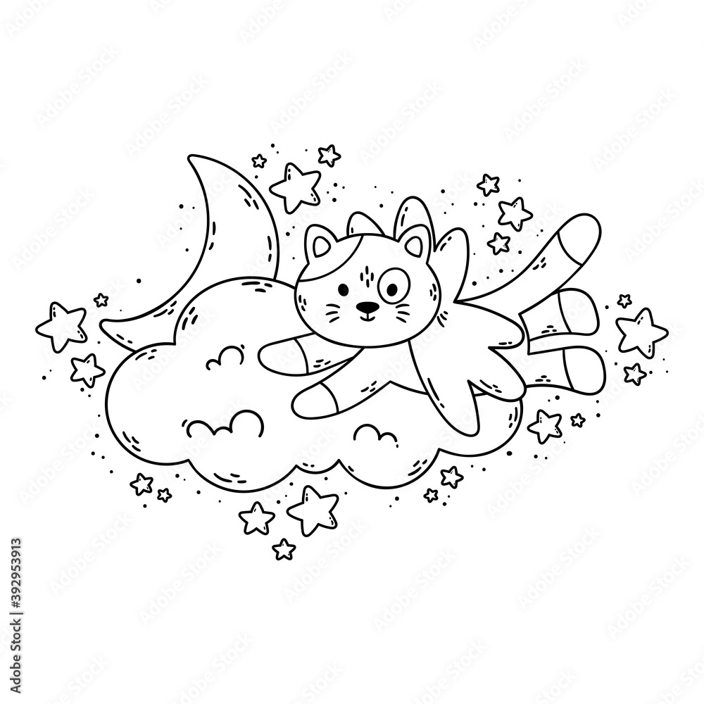 Cat with wings flies past the cloud, the moon, and stars. Vector illustration for coloring book isolated on white background. Good night nursery picture.