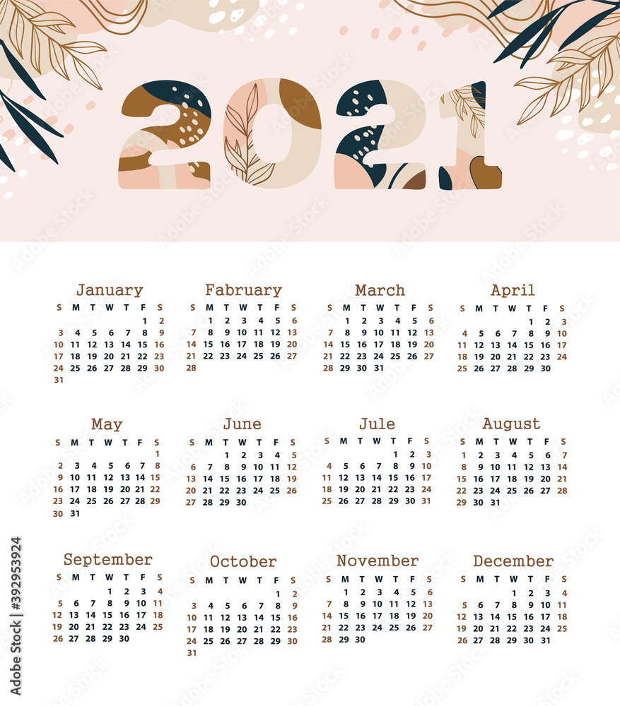 Calendar 2021 starting from Sunday. Various shapes and doodle objects. Modern art. Minimalist shapes. Geometric trendy vector