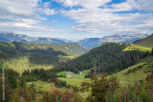 Panoramic view towards the valley of Morzine, at the Joux Plane pass, Haute-Savoie, France