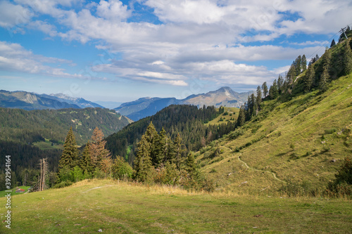 Panoramic view towards the valley of Morzine, at the Joux Plane pass, Haute-Savoie, France