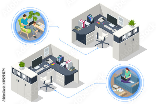 Isometric massive computer table with desktop and chair, office interior. Modern cozy loft office interior.