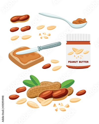 Vector peanuts whole and pieces in cartoon style for label template, snacks packaging emblem