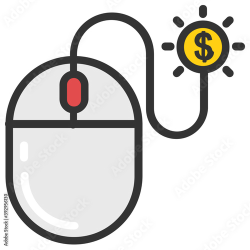 
A mouse connected with dollar coin flat design icon, concept of pay per click 
