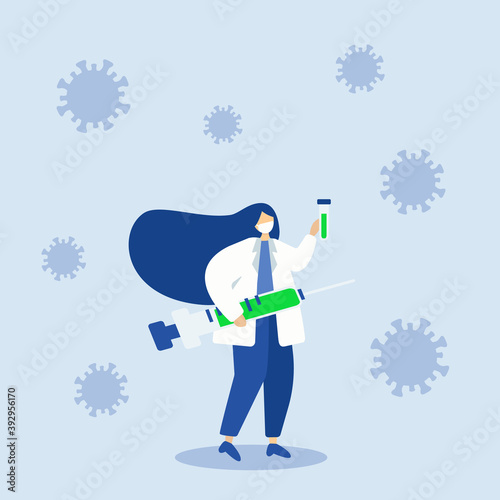 Fight and protect COVID-19. Coronavirus outbreak concept. Doctor wearing sanitary mask. Vaccine box and medical syringe  to protect from coronavirus pathogens.