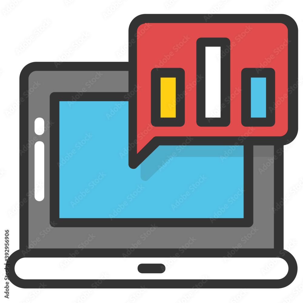 Laptop with barchart chat bubble flat vector icon
Laptop with barchart chat bubble flat vector icon
