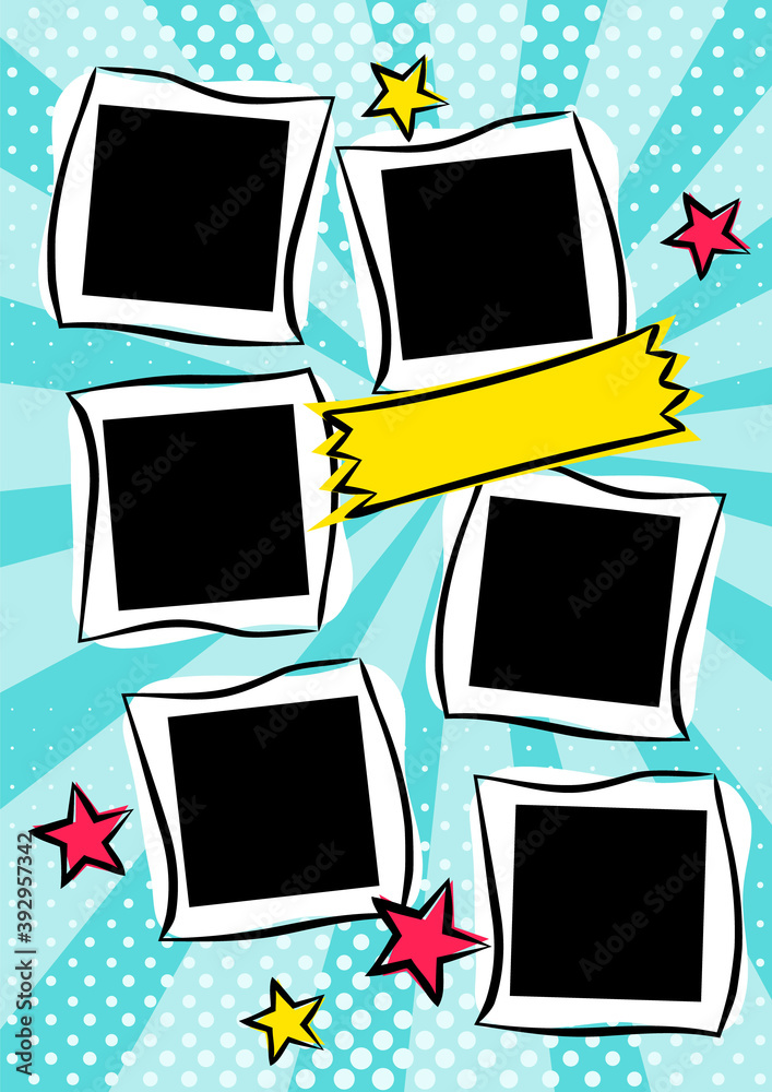 Children's photo book in pop art style. Bright page of six photos for a photo album. Template for the design of frames for photographs, posters, cards, stickers. Vector illustration. Children's photo book in pop art style. Bright page of six photos for a photo album. Template for the design of frames for photographs, posters, cards, stickers. Vector illustration.