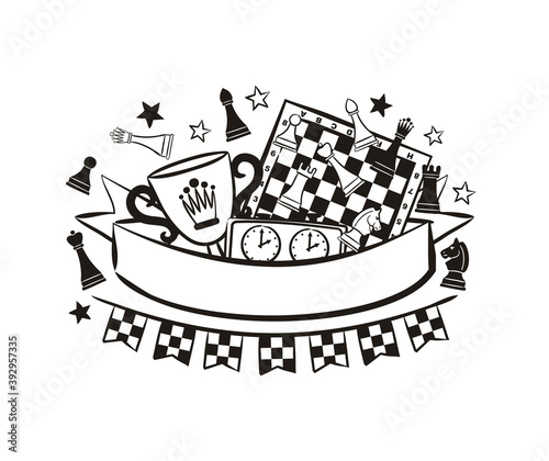 Chess emblem with ribbon for text, chess pieces, cup, clock and board. Logo for a chess club or competition. Garland of checkered flags. Black and white Vector illustration for sporting events