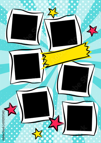 Children's photo book in pop art style. Bright page of six photos for a photo album. Template for the design of frames for photographs, posters, cards, stickers. Vector illustration.