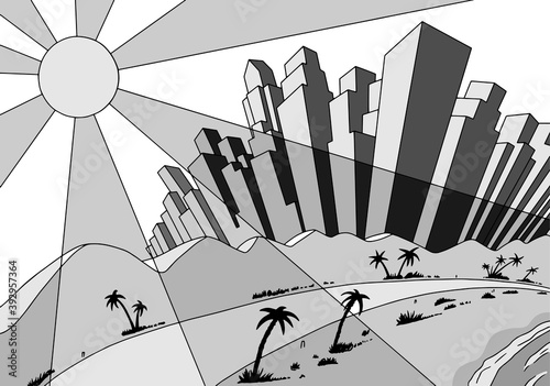 Drawing of lined up buildings on a coastal metropolis with beach and sun, in film noir atmosphere and art Deco style. Vector illustration.