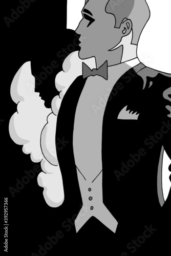 Drawing of fancy couple in formal wear from the twenties, in film noir atmosphere and art Deco style. Digital illustration.