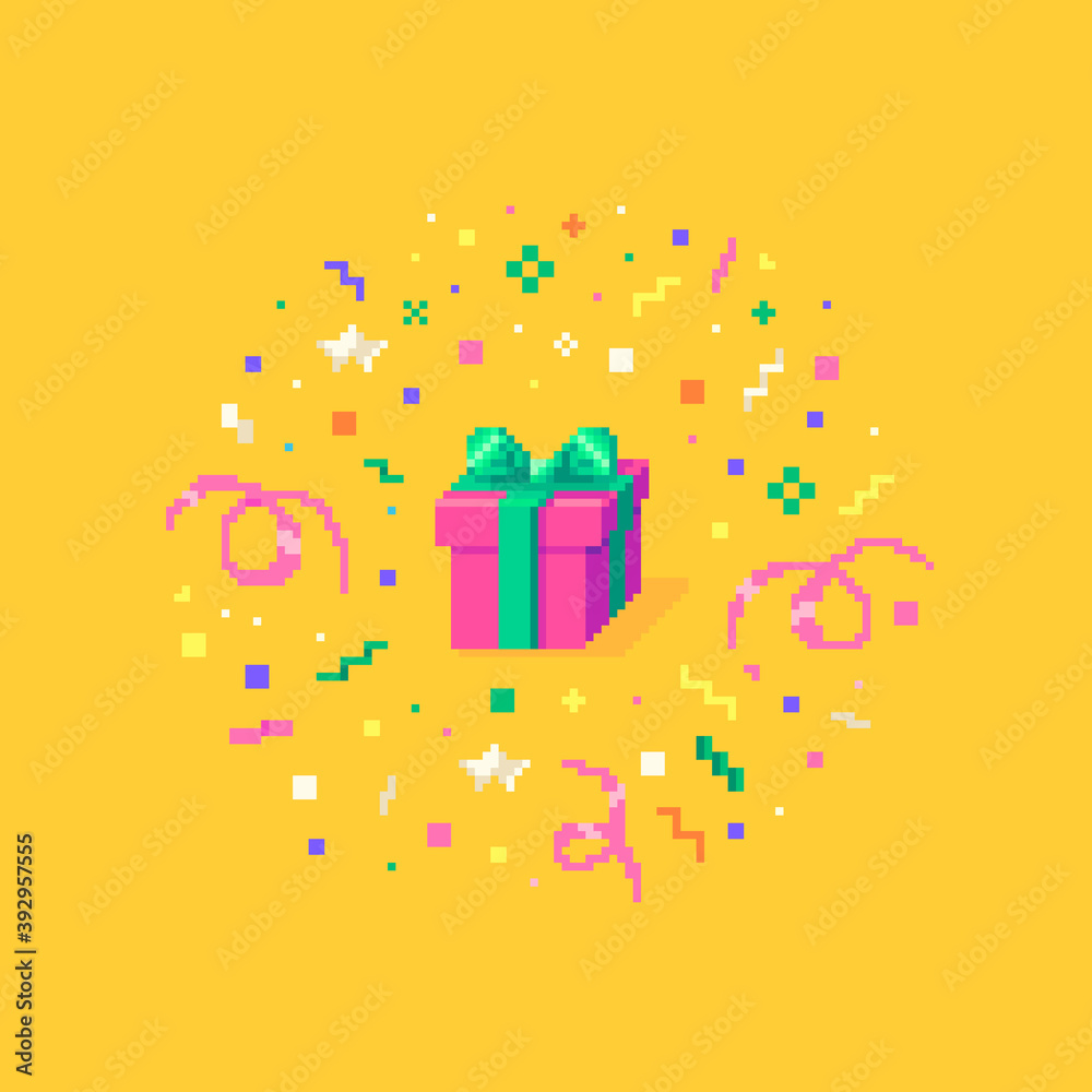 Pixel art gift box with confetti burst.