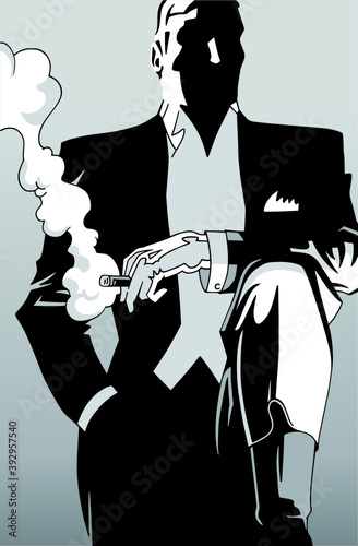 Drawing of fancy man smoking cigar in formal wear from the twenties, in film noir atmosphere and art Deco style. Vector illustration.
