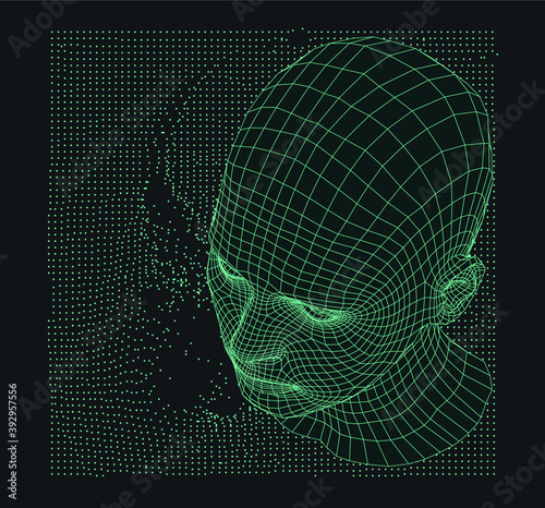 Silhouette of a human head and surface made of dots and particles. Concept of Artificial intelligence and Neural Network.