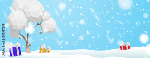 Christmas snowy winter landscape with cute colorful gift boxes illustration vector banner