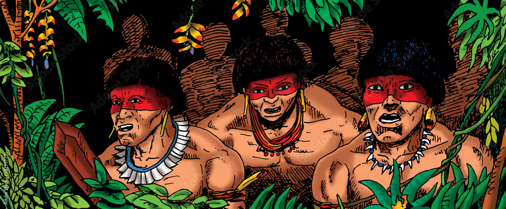 Illustration of Brazilian indigenous men walking through the rainforest, in comics style. Hand drawn and digital colorization.