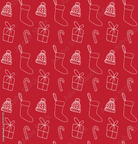 Vector seamless pattern of white hand drawn doodle sketch Christmas elements isolated on red background