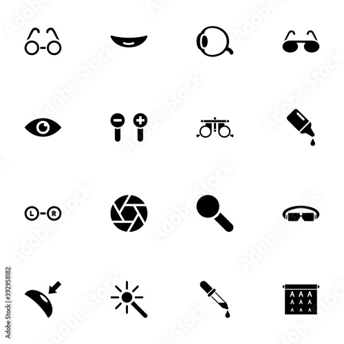 Optometry icon - Expand to any size - Change to any colour. Perfect Flat Vector Contains such Icons as trial lens, glasses, eye drops, pipette dropper, optic nerve, vision test board, ophthalmic lens.