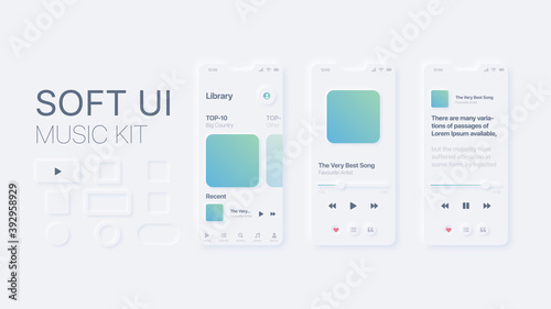 Soft UI Music design kit. Application design mockup. Smartphone app user interface.