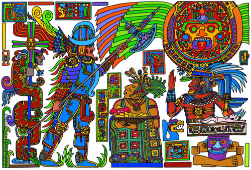 Colorful illustration of Spanish conquistador meeting pre-Columbian native american people, in comics style. Vector illustration.